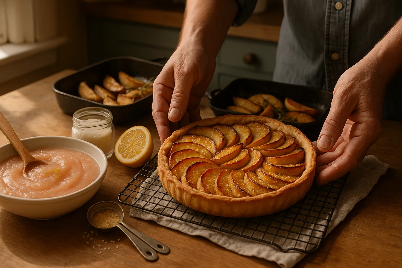 Bowl of Bramley compote beside a tart of sliced Newton Wonder apples.