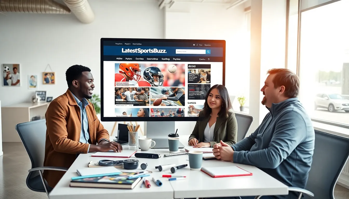 sports journalists discussing LatestSportsBuzz.com in a modern office.