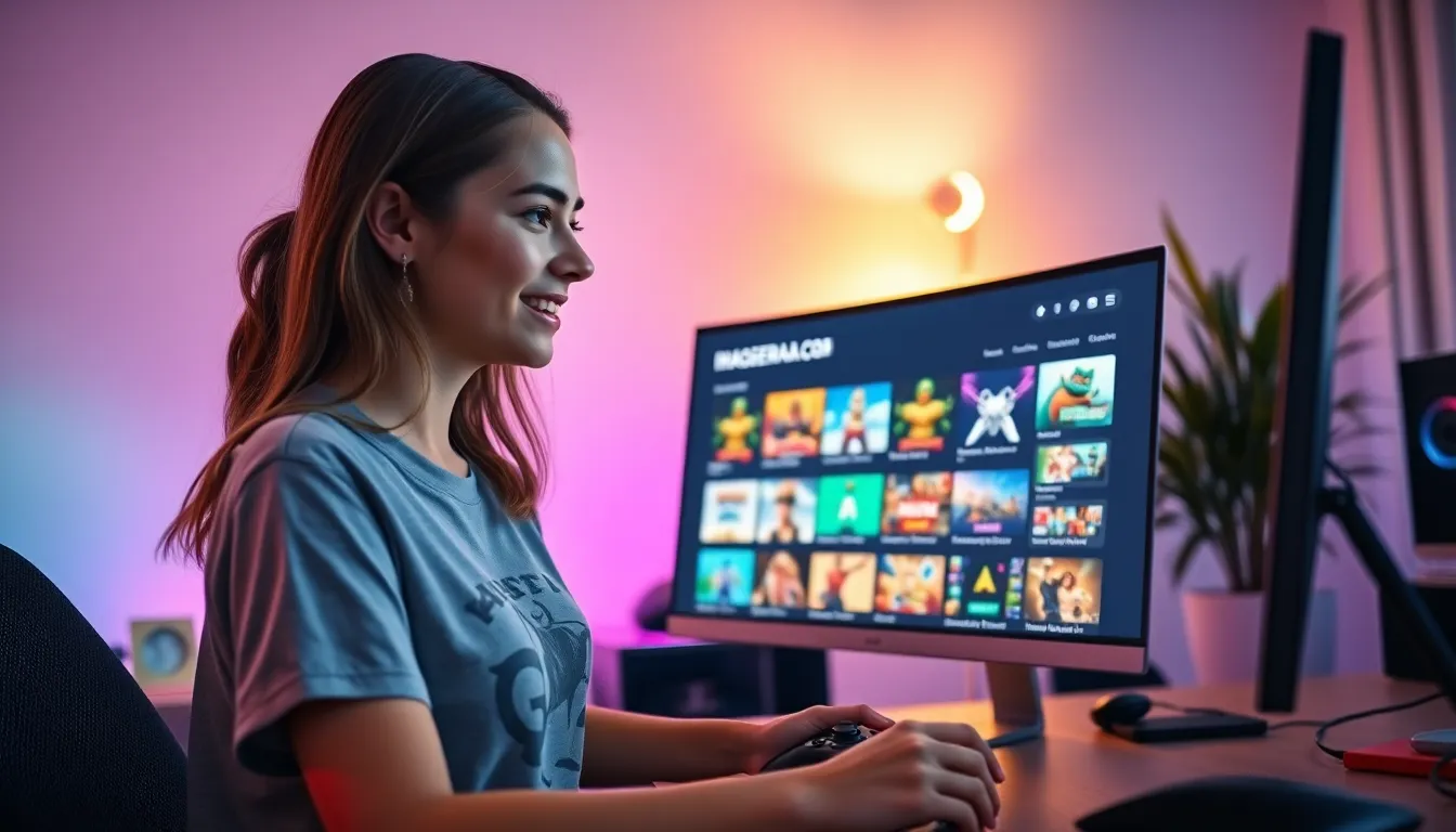 A woman engaging with ImagineerGames.com on a modern computer.