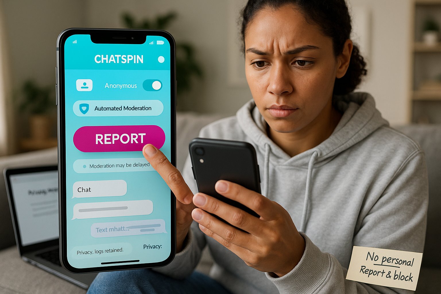 Young woman using Chatspin app, tapping the report button on phone.