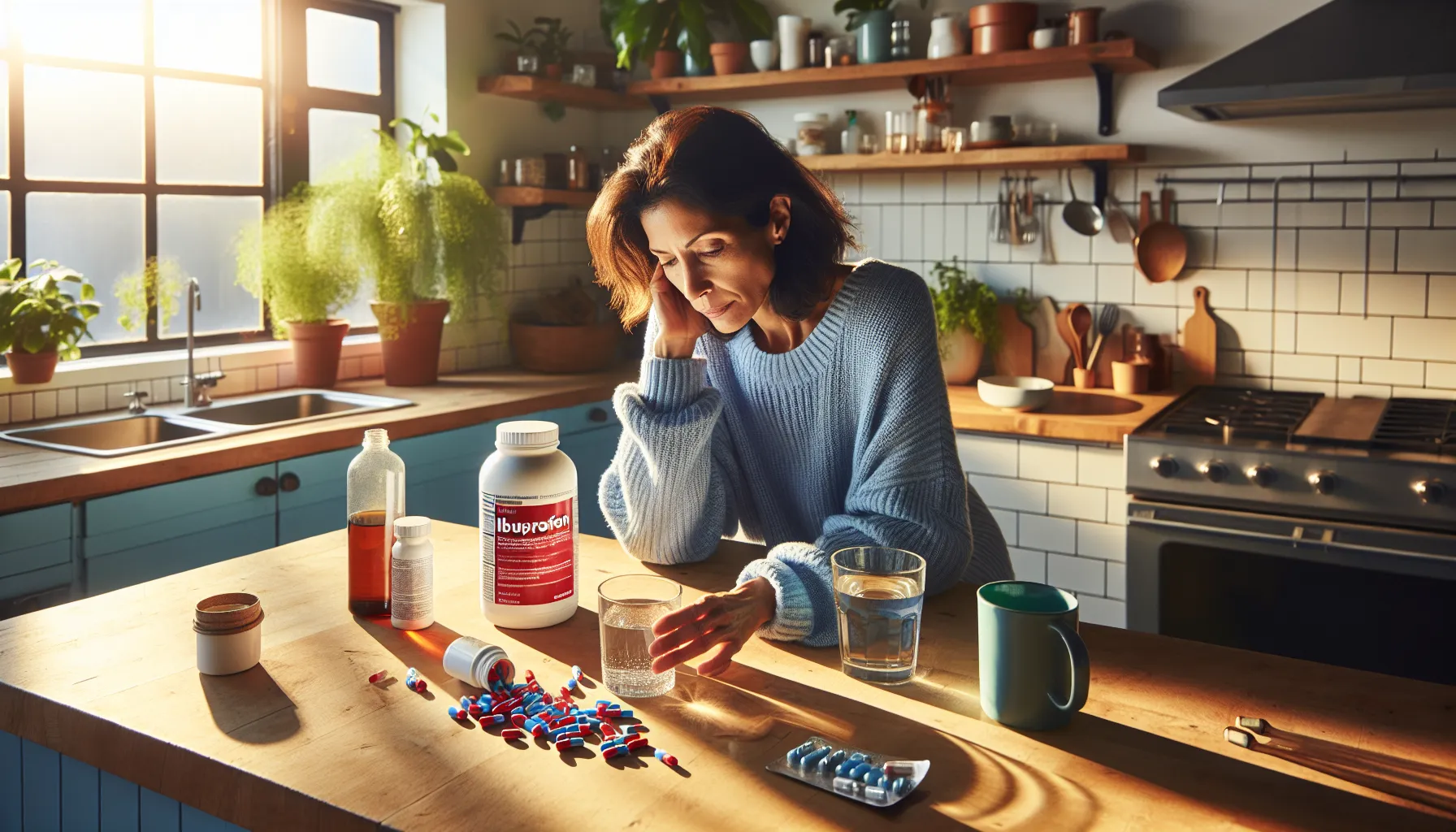 A woman compares ibuprofen and acetaminophen in a bright kitchen.