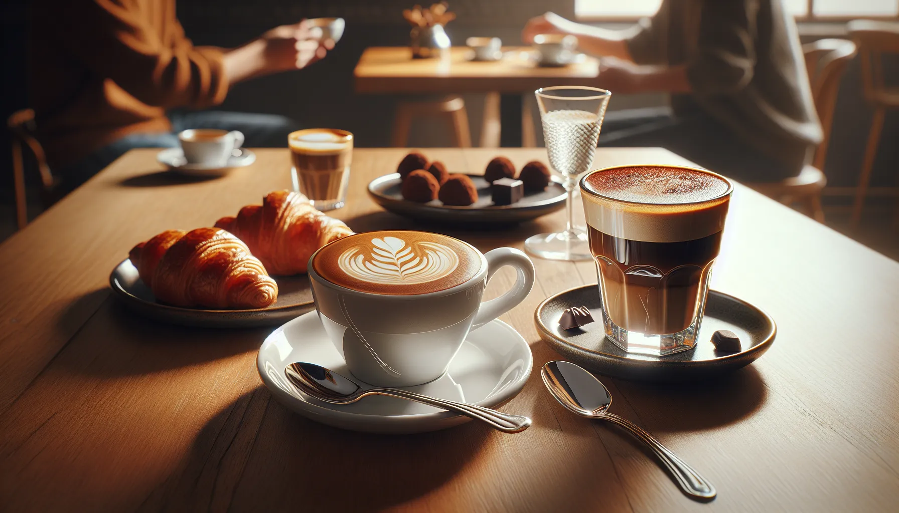 Two coffee drinks with croissant and truffles on a café table.