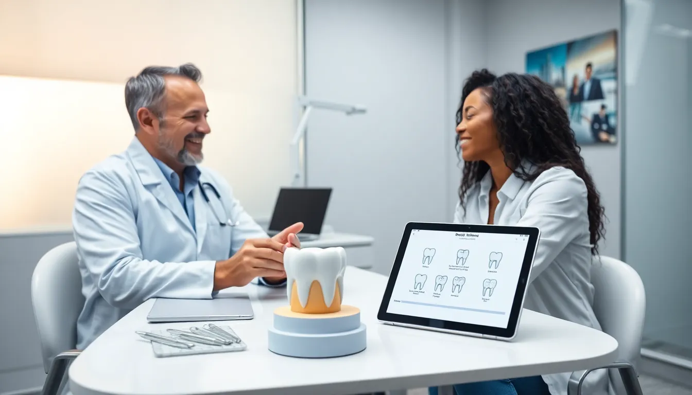 Dentist explains dental crowns to patient in a modern Australian clinic.