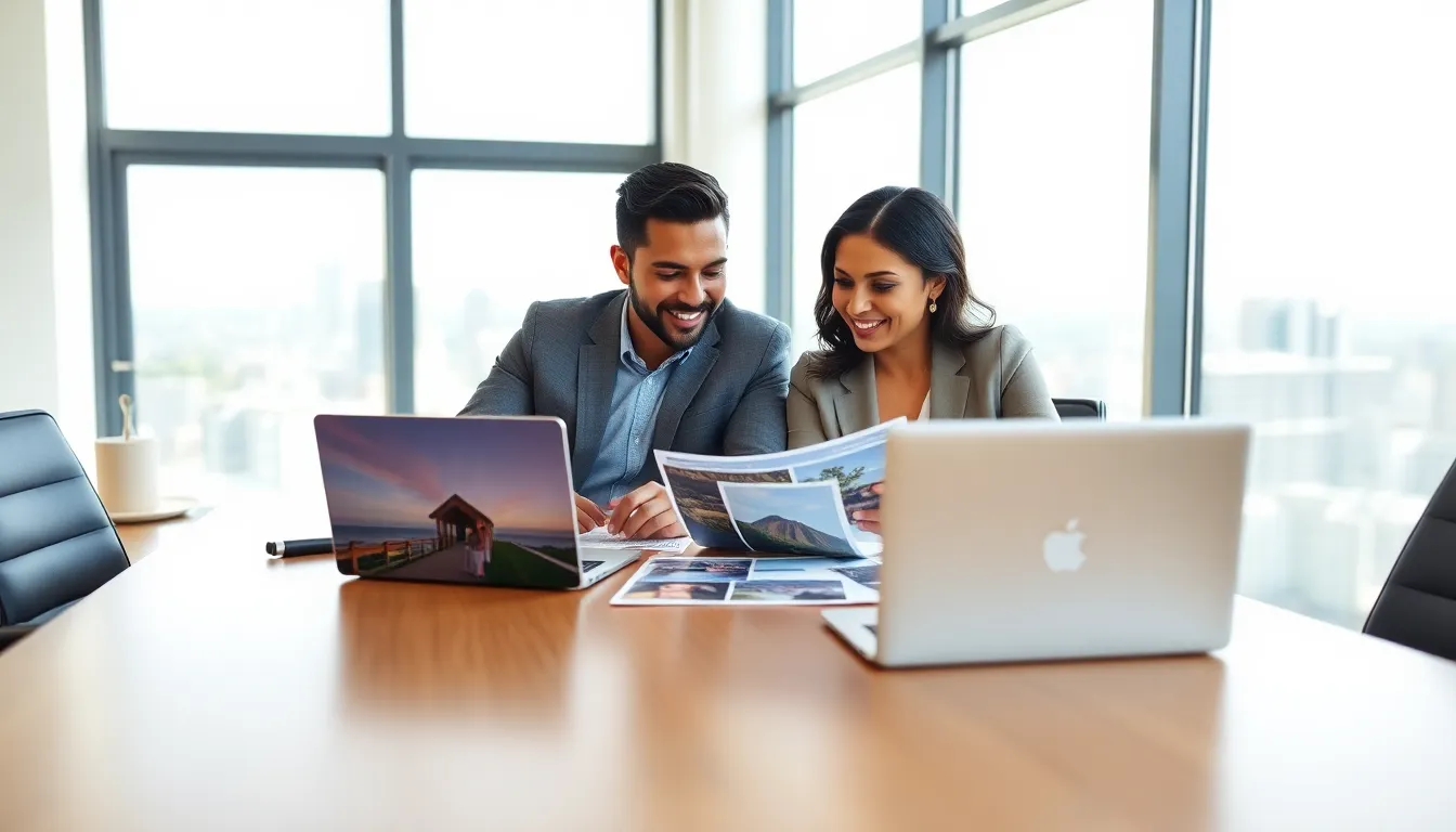 couple discussing vacation home loan options in a modern office.