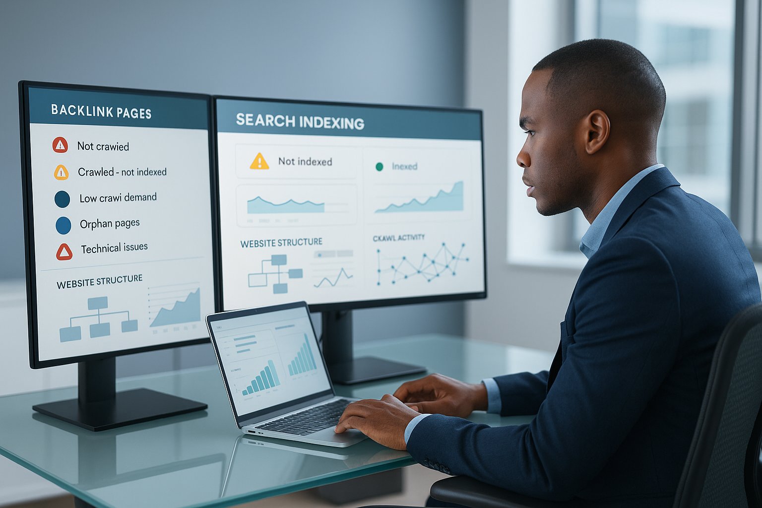 SEO specialist reviewing backlink indexing issues on multiple dashboard screens.