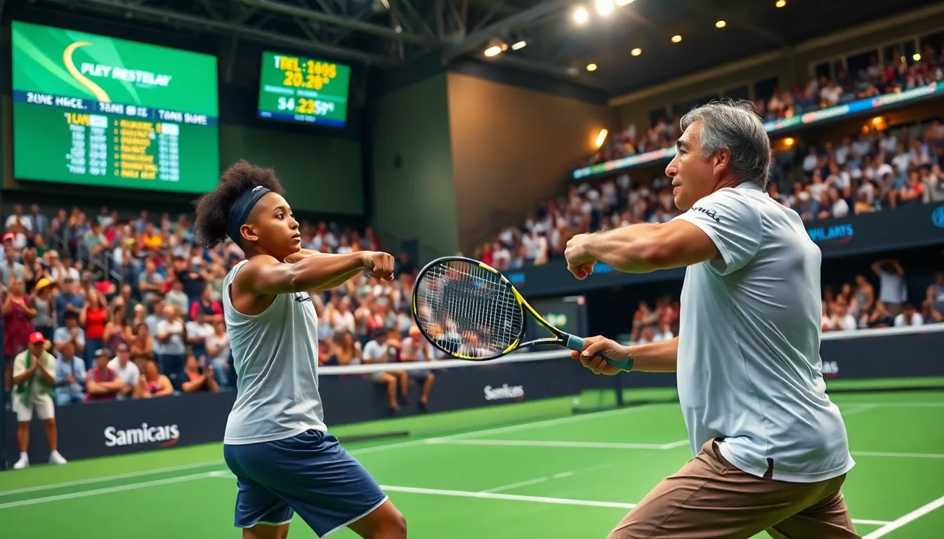 tennis players competing in an exciting match during a tournament.