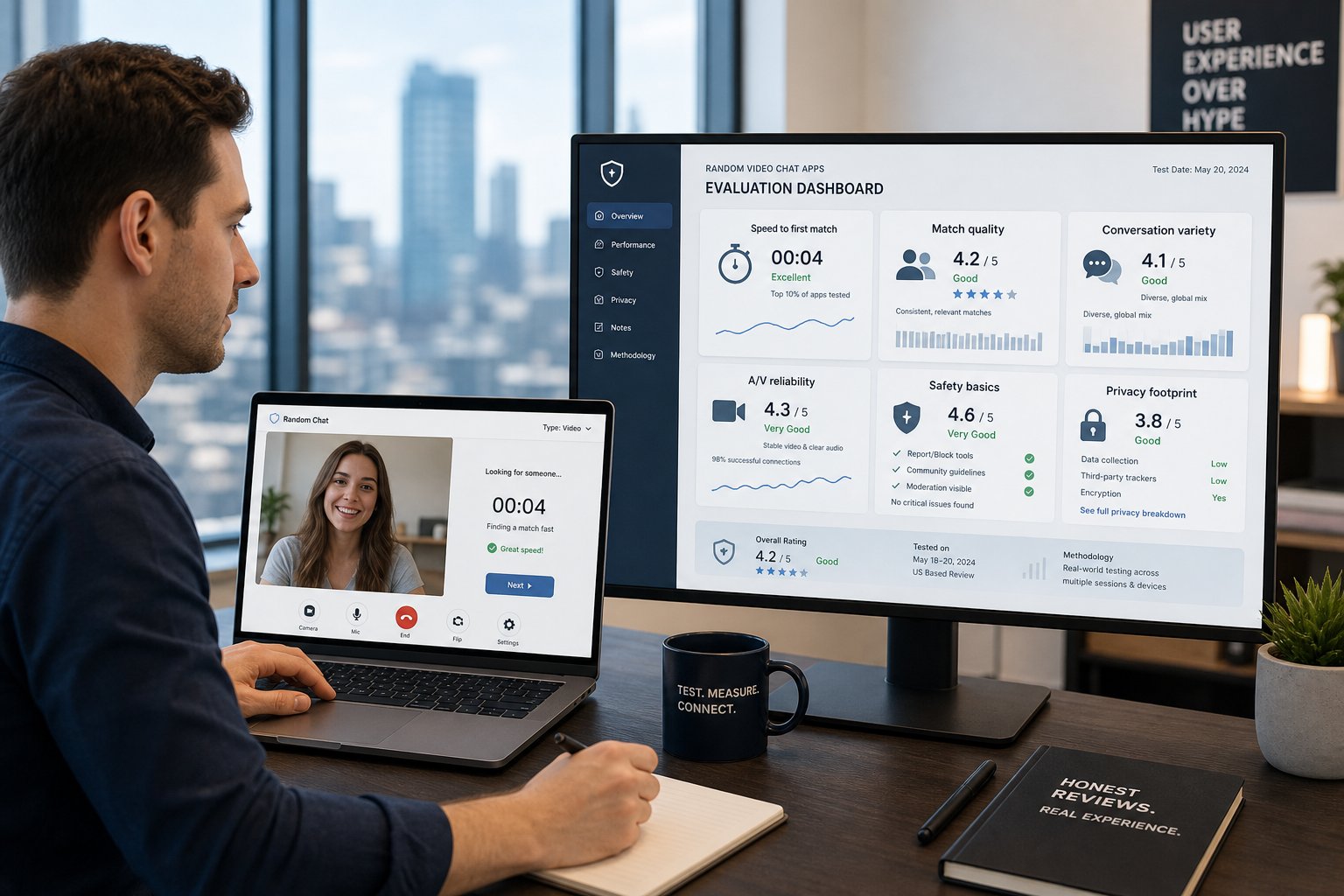 Reviewer testing a random video chat site with an evaluation dashboard on screen.