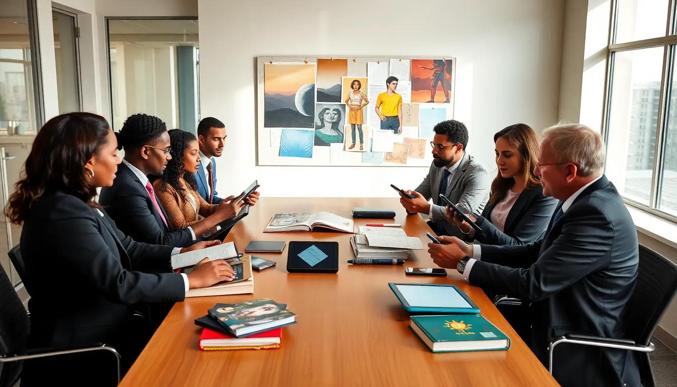 diverse cultural critics discussing artifacts in a modern office.