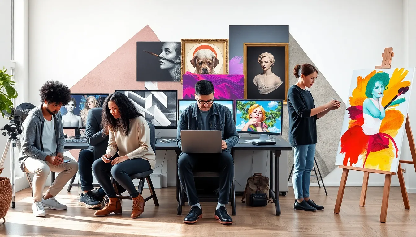 diverse artists collaborating on digital and traditional art forms.