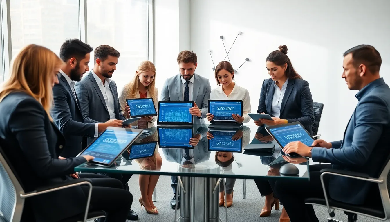 diverse professionals discussing data in a modern office.