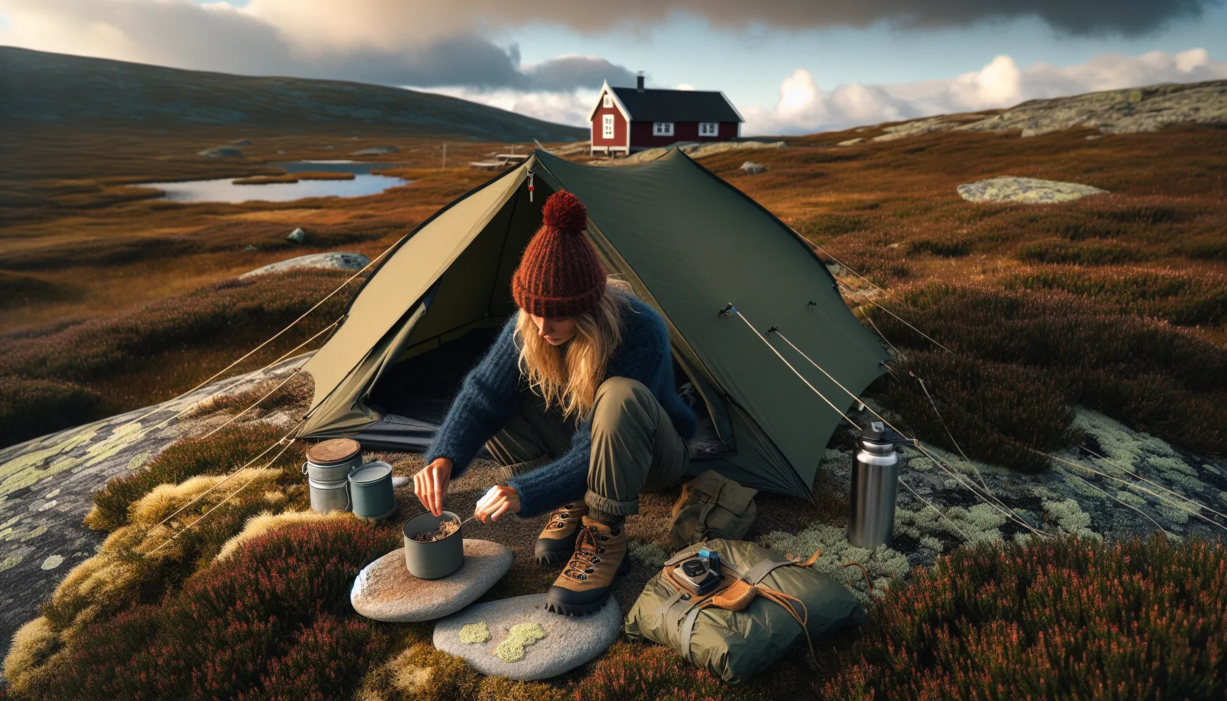 Regler for camping og friluftsliv på offentlig grunn i norge 2 Camper packs trash beside tent in norwegian utmark, cabin far away.