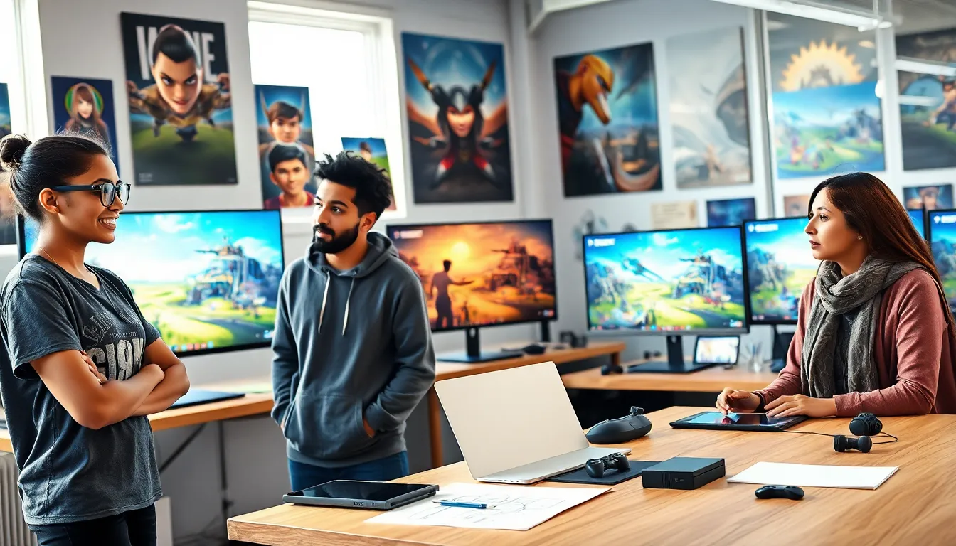 game developers collaborating in a modern office space.
