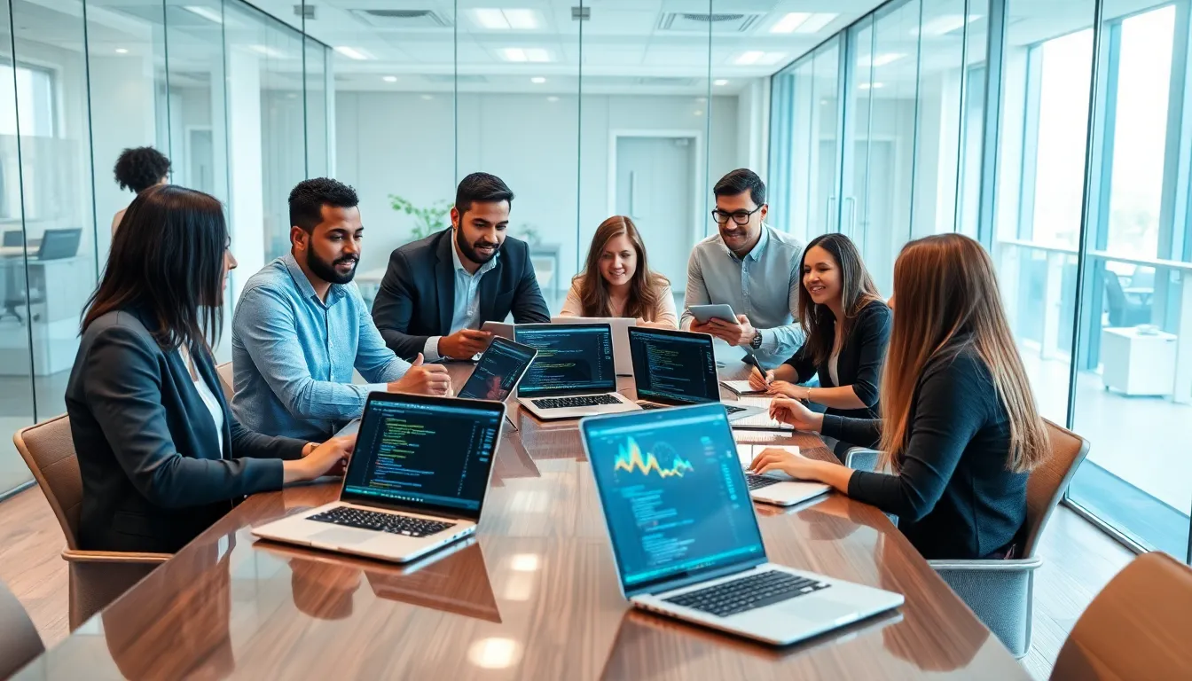 diverse team discussing startup tech stack in a modern office.