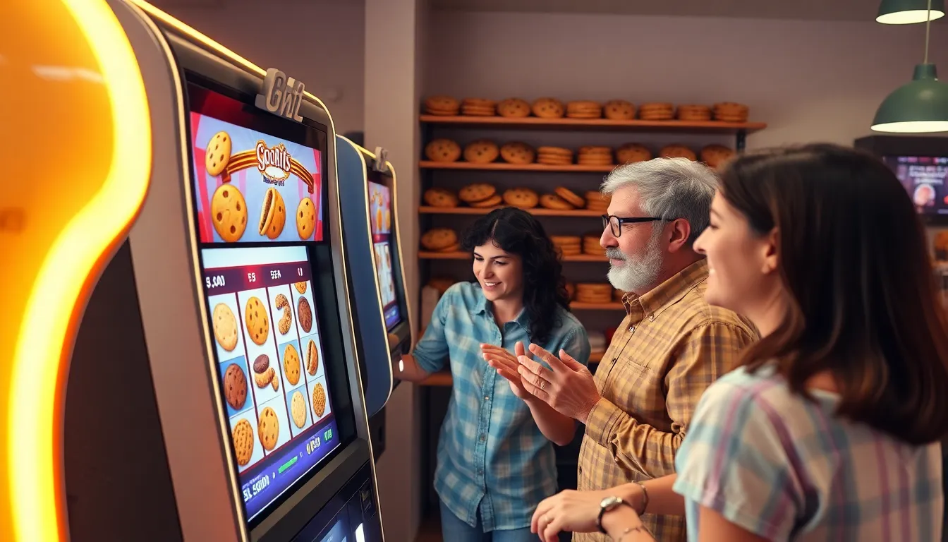 Diverse adults enjoying a cookie-themed slot game in a vibrant bakery.