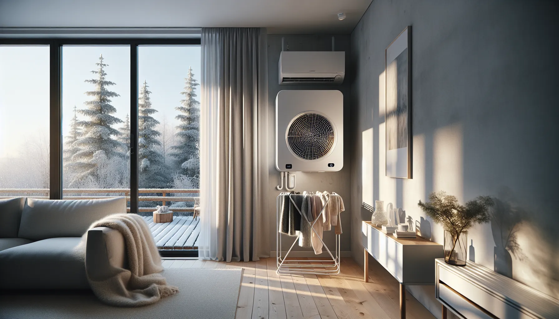 Slik kan du bruke varmepumpen til å tørke klær mer energieffektivt 3 Norwegian living room with heat pump drying clothes on an indoor drying rack.