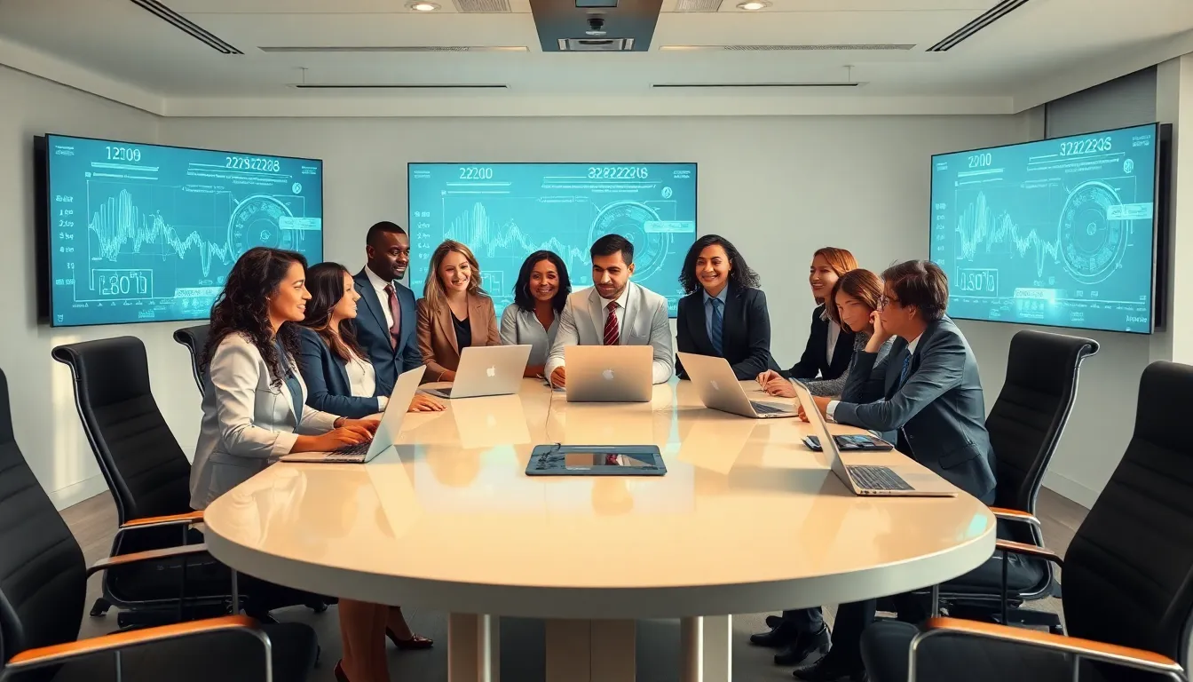 diverse professionals discussing data in a modern office.