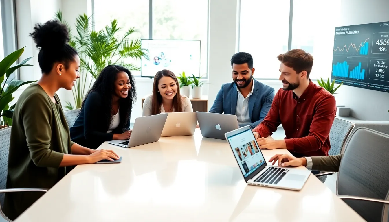 diverse influencers collaborating in a modern office setting.