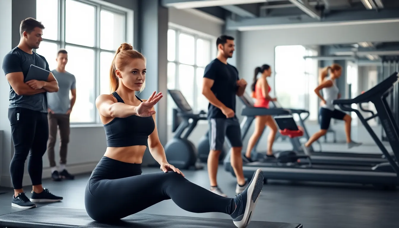 diverse fitness professionals conducting assessments in a modern gym.