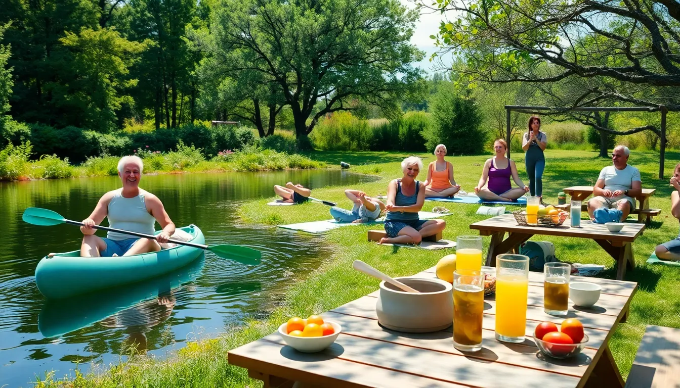 adults over 50 enjoying summer camp activities like kayaking and pottery.