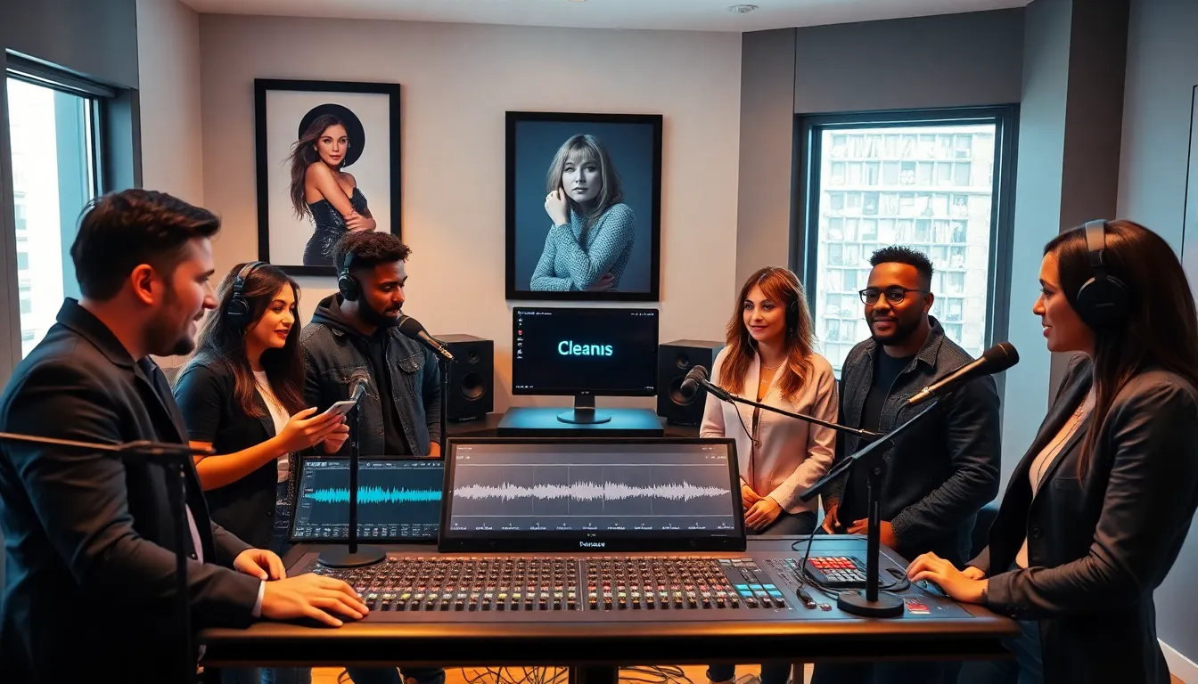 music producers collaborating in a modern studio environment.