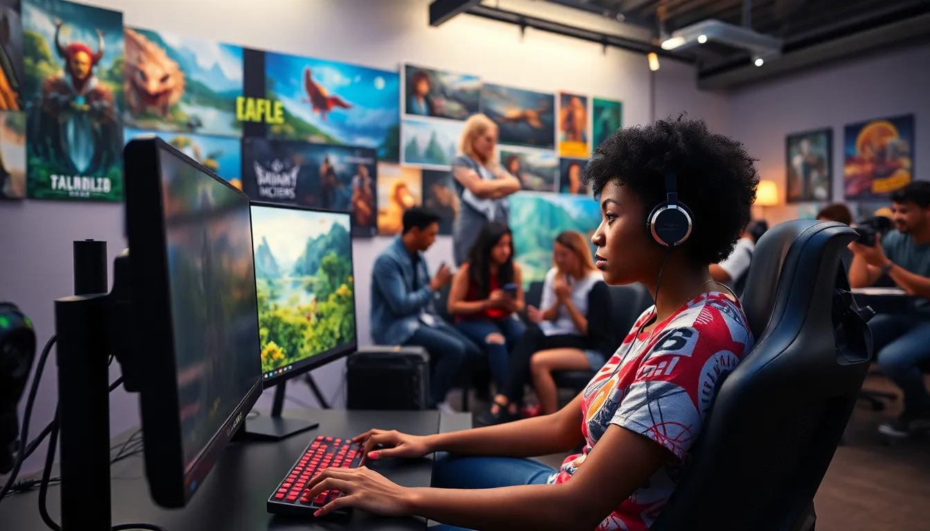 gamers collaborating in a vibrant gaming studio in the U.S.