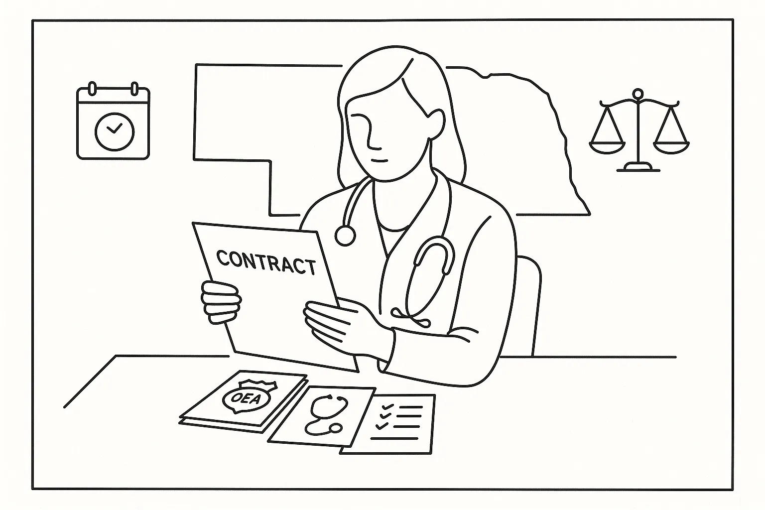 Nurse practitioner at desk reviewing a contract with Nebraska outline and icons of Nebraska Nurse Practitioner Contract Review.