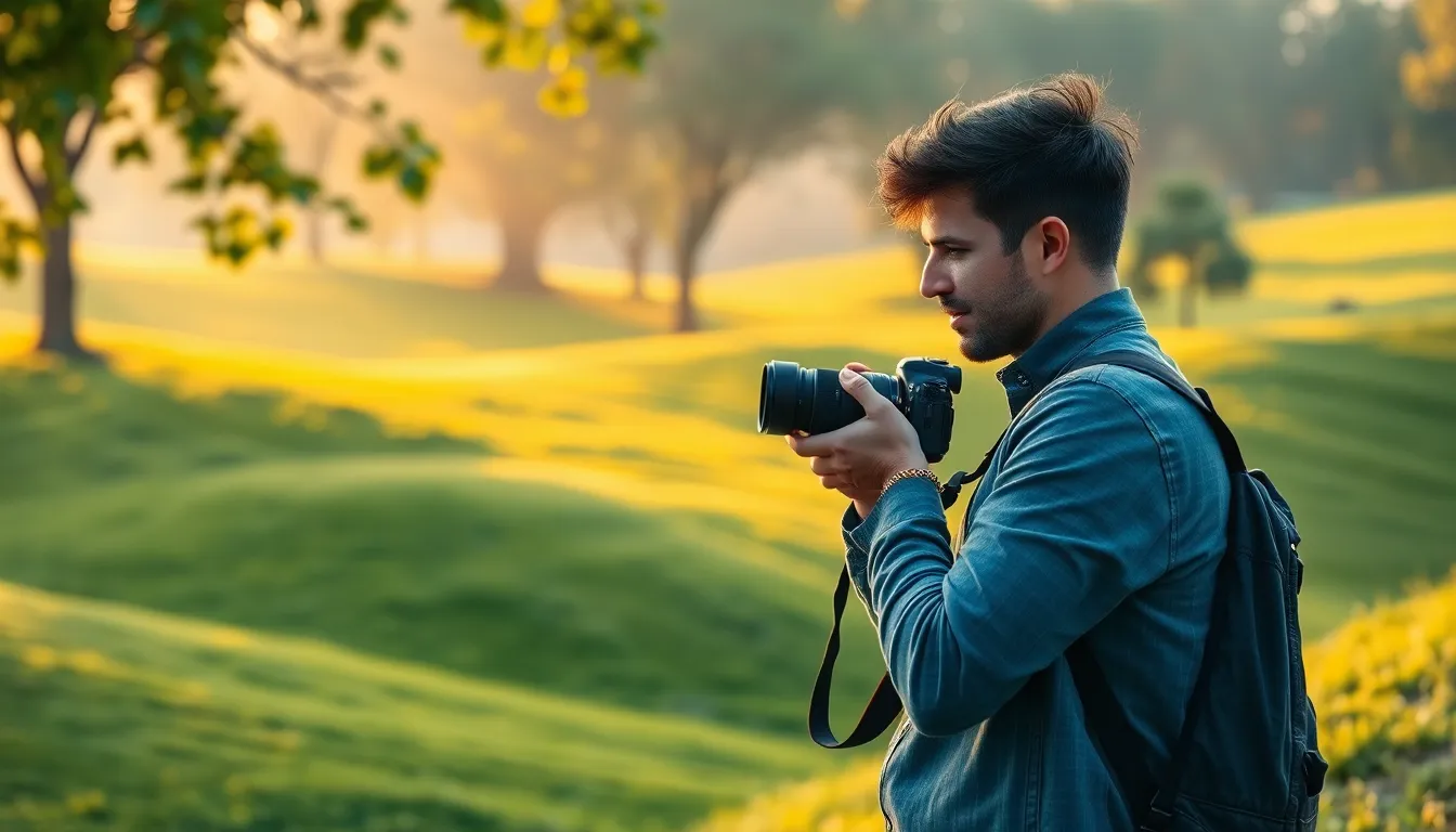 photographer capturing a beautiful landscape at dawn in a park.