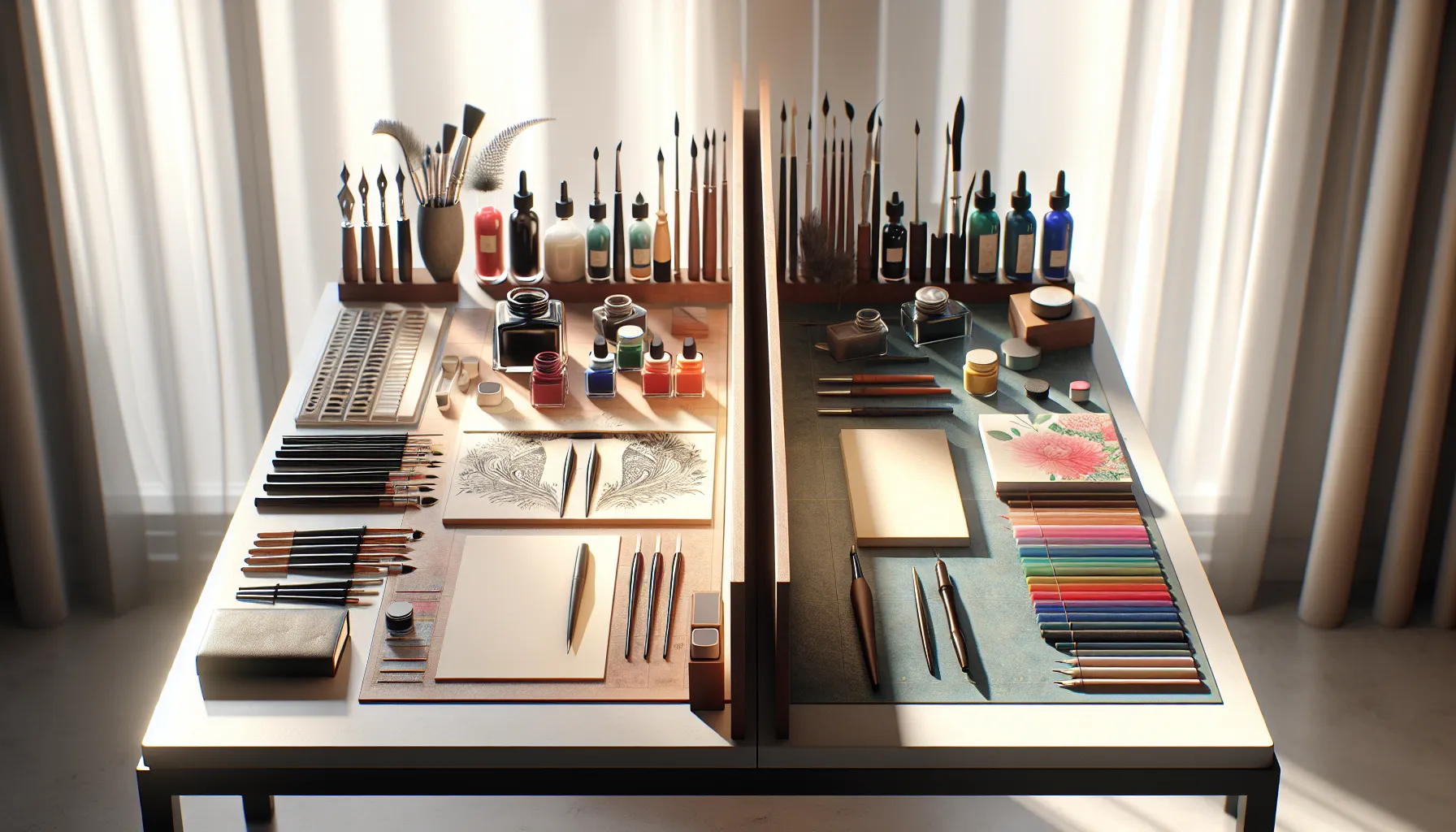 A workspace showcasing tools for calligraphy and hand lettering side by side.