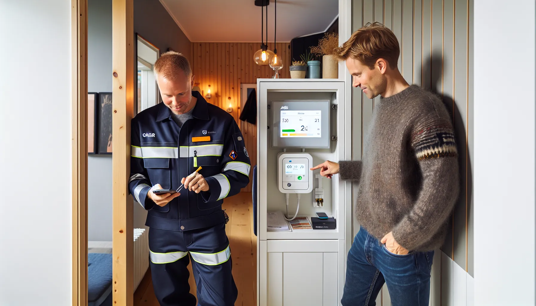Slik kan du overvåke varmepumpens energiforbruk i sanntid 3 Electrician and homeowner checking a smart meter and app for real-time heat pump use.
