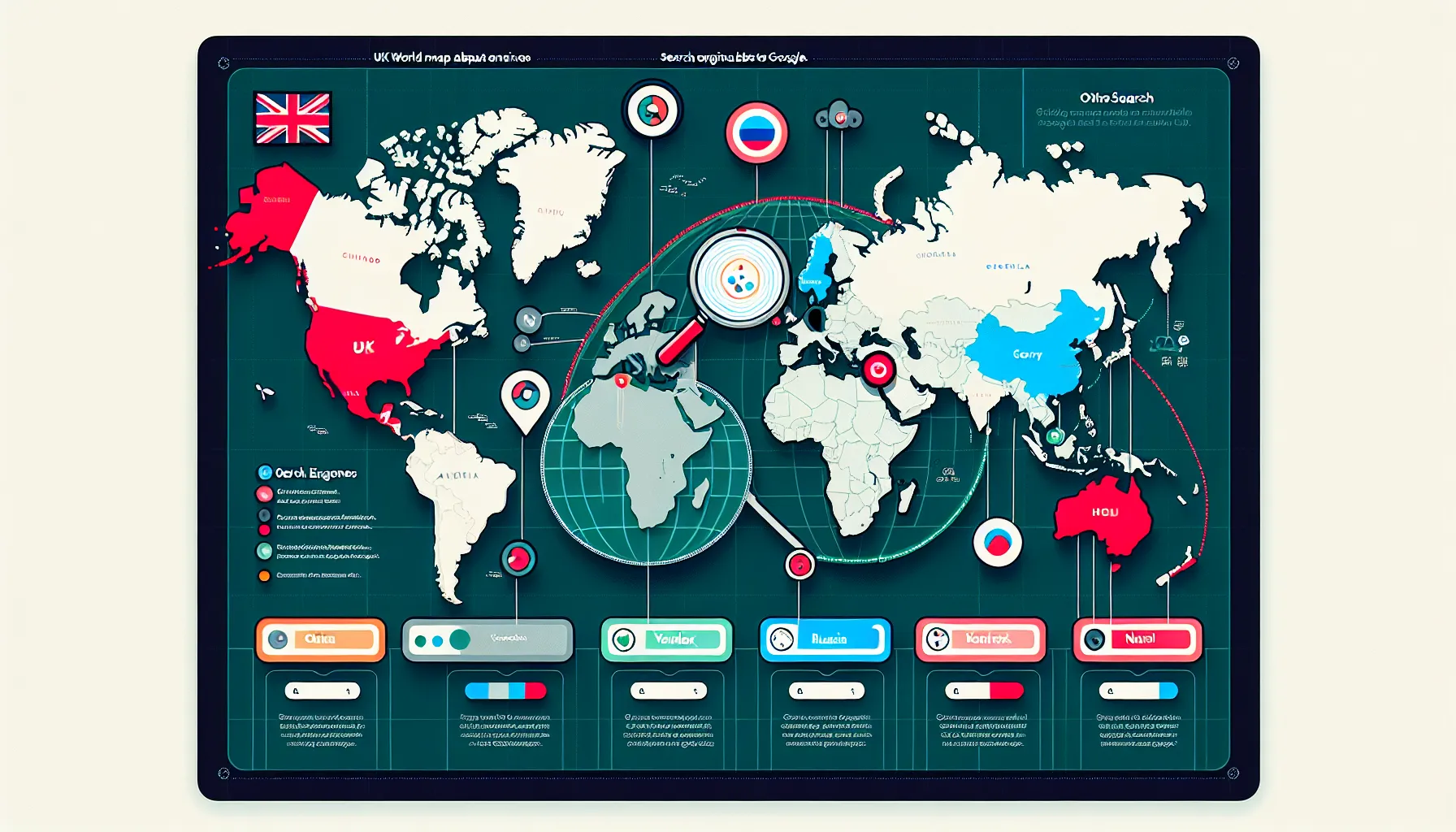 World map showing Baidu, Yandex, and Naver as regional search leaders.