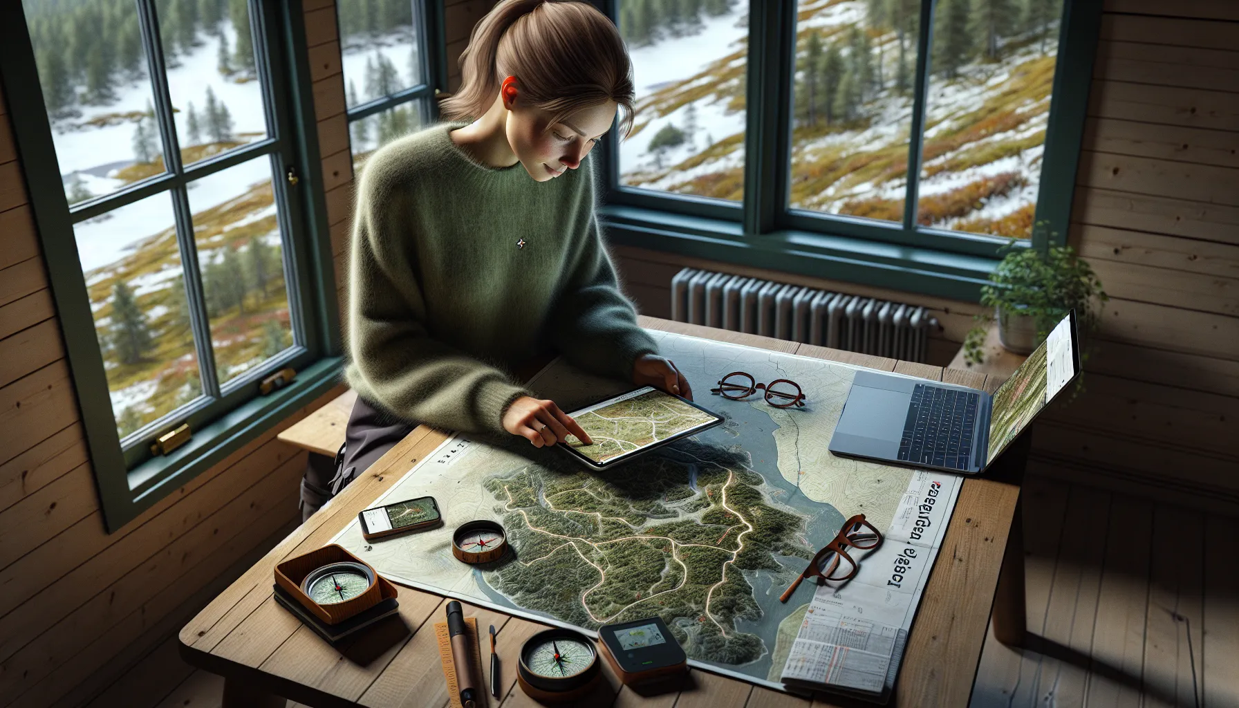 Woman in a norwegian cabin using digital maps to plan berry picking trip.