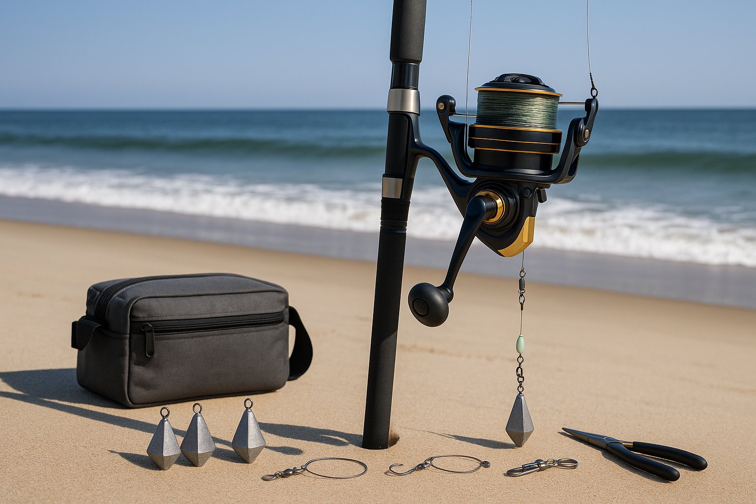 surf fishing reel and rod setup on a beach shoreline.