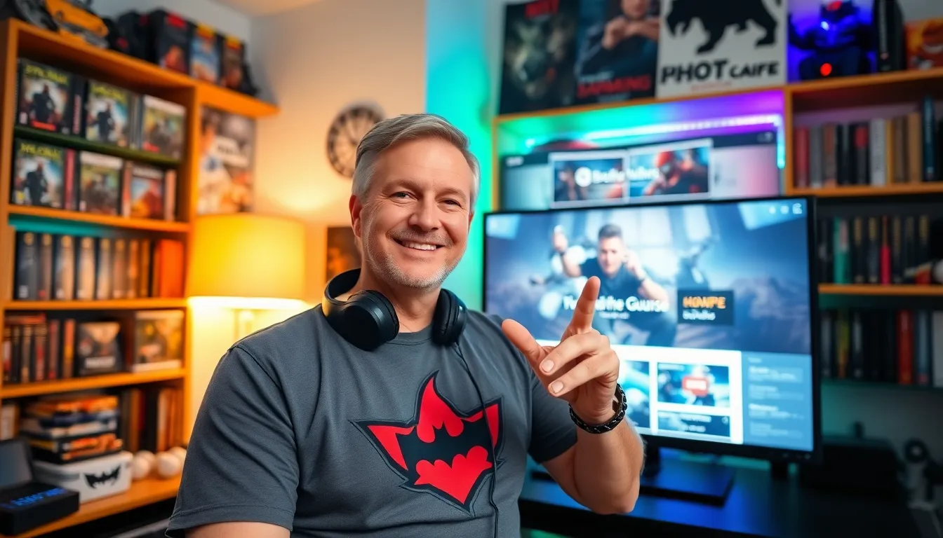 Larry RamblingsOfAGamer in a gaming room showcasing his website's guides.