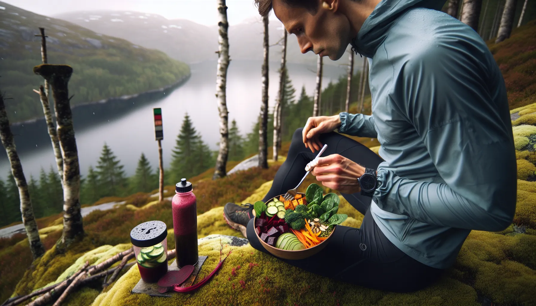 Norwegian trail runner eating a beet and greens bowl after training.