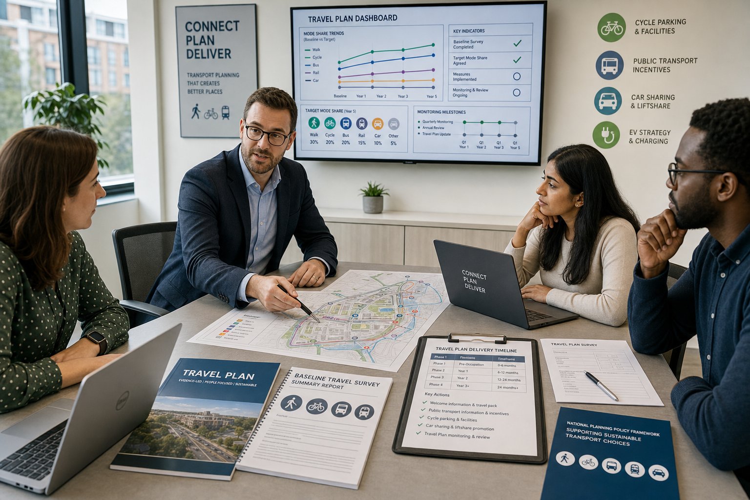 Consultants reviewing a travel plan with maps, charts, and transport data.