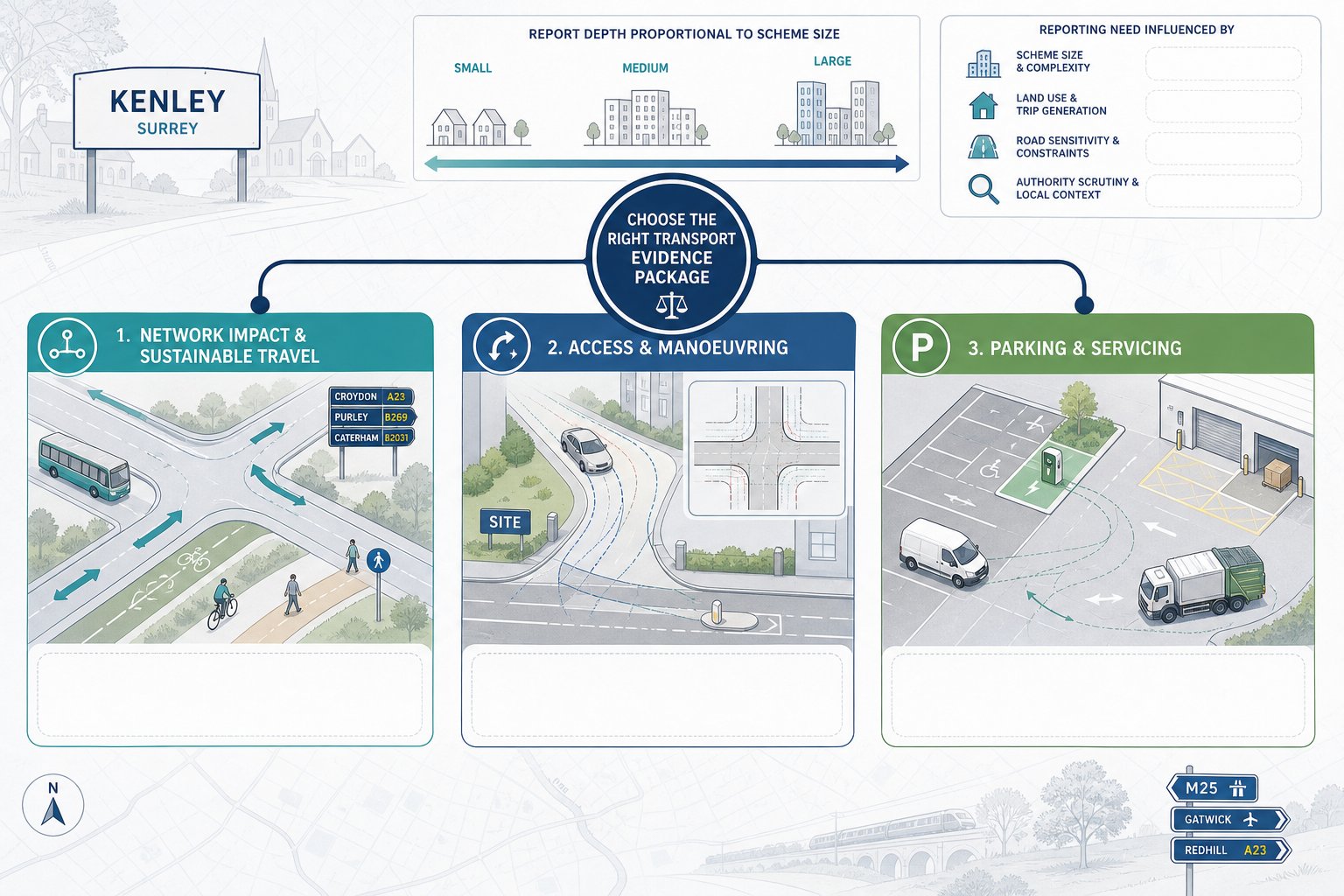 Three-part transport planning infographic for Kenley development reports and site assessment.