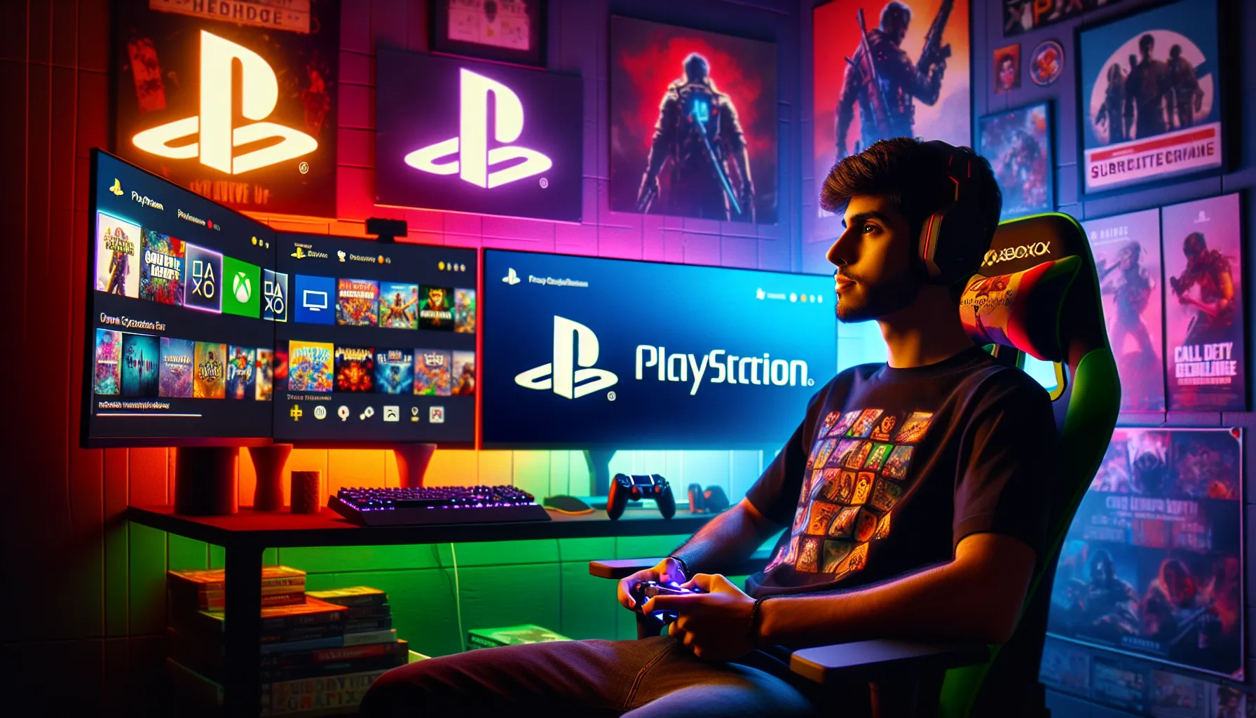 a gamer comparing PlayStation and Xbox in a brightly lit gaming room.