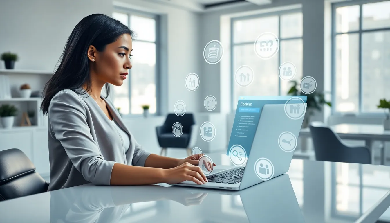professional woman using a laptop to explore website cookies.