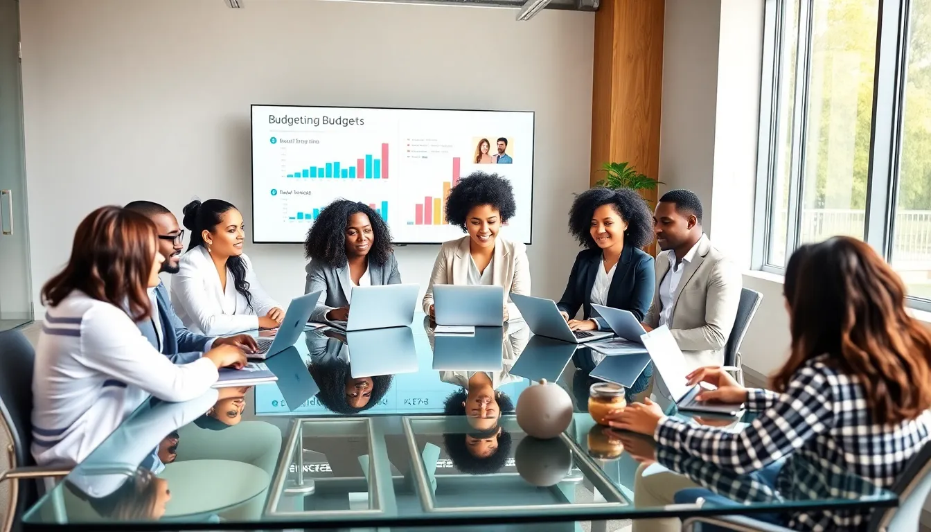 diverse professionals learning budgeting strategies in a modern office.