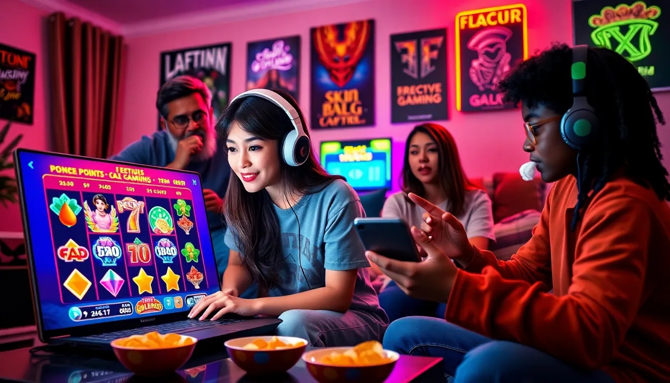 people enjoying a gamified online slot game in a cozy living room.