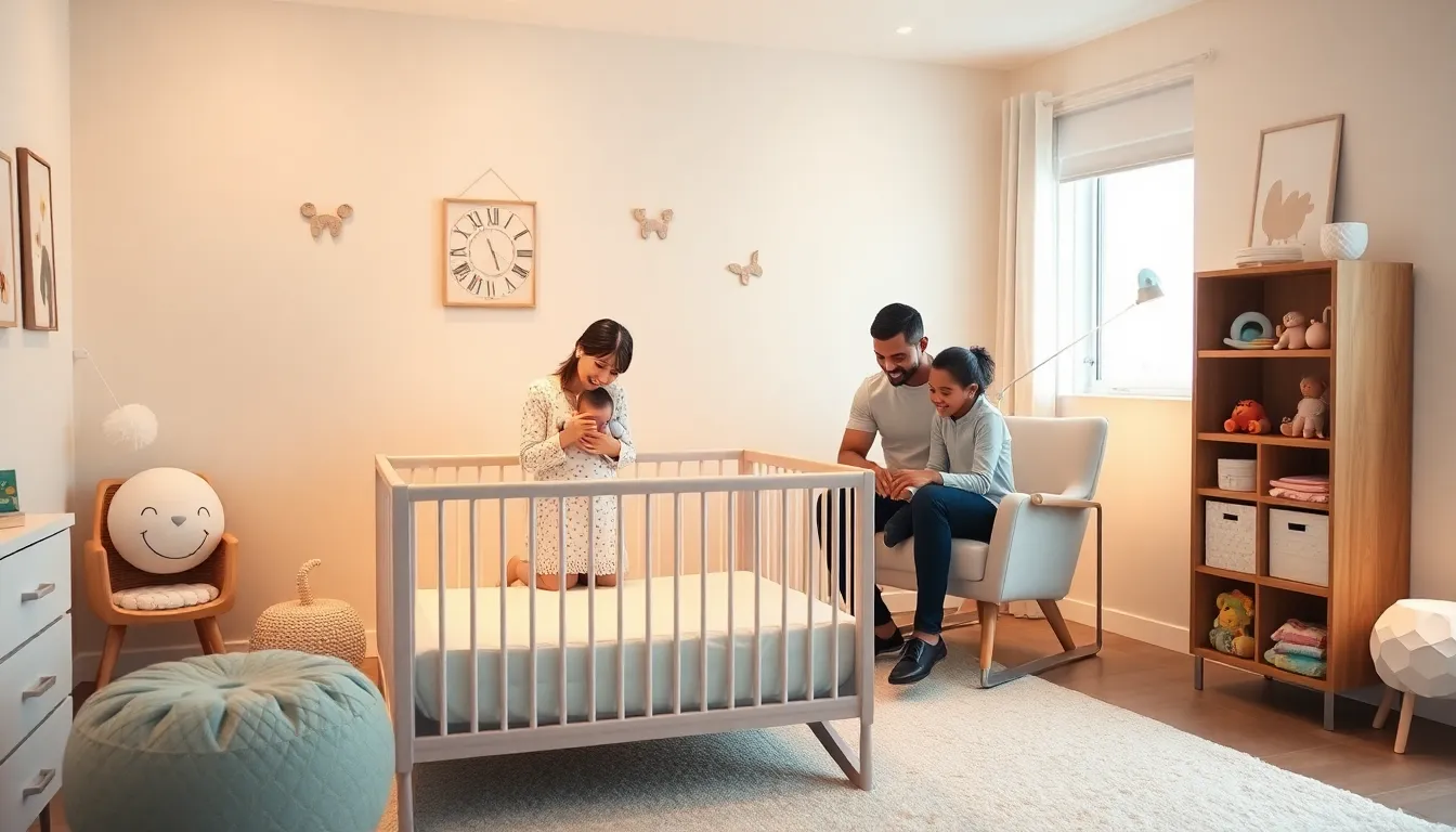 family nurturing their baby in a modern nursery during sleep regression.