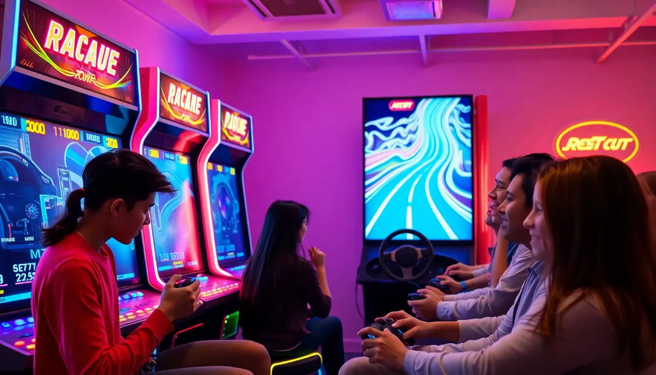 people enjoying arcade racing games in a colorful arcade.