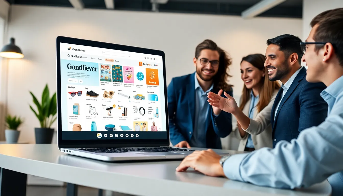team discussing products on a laptop in a modern workspace.