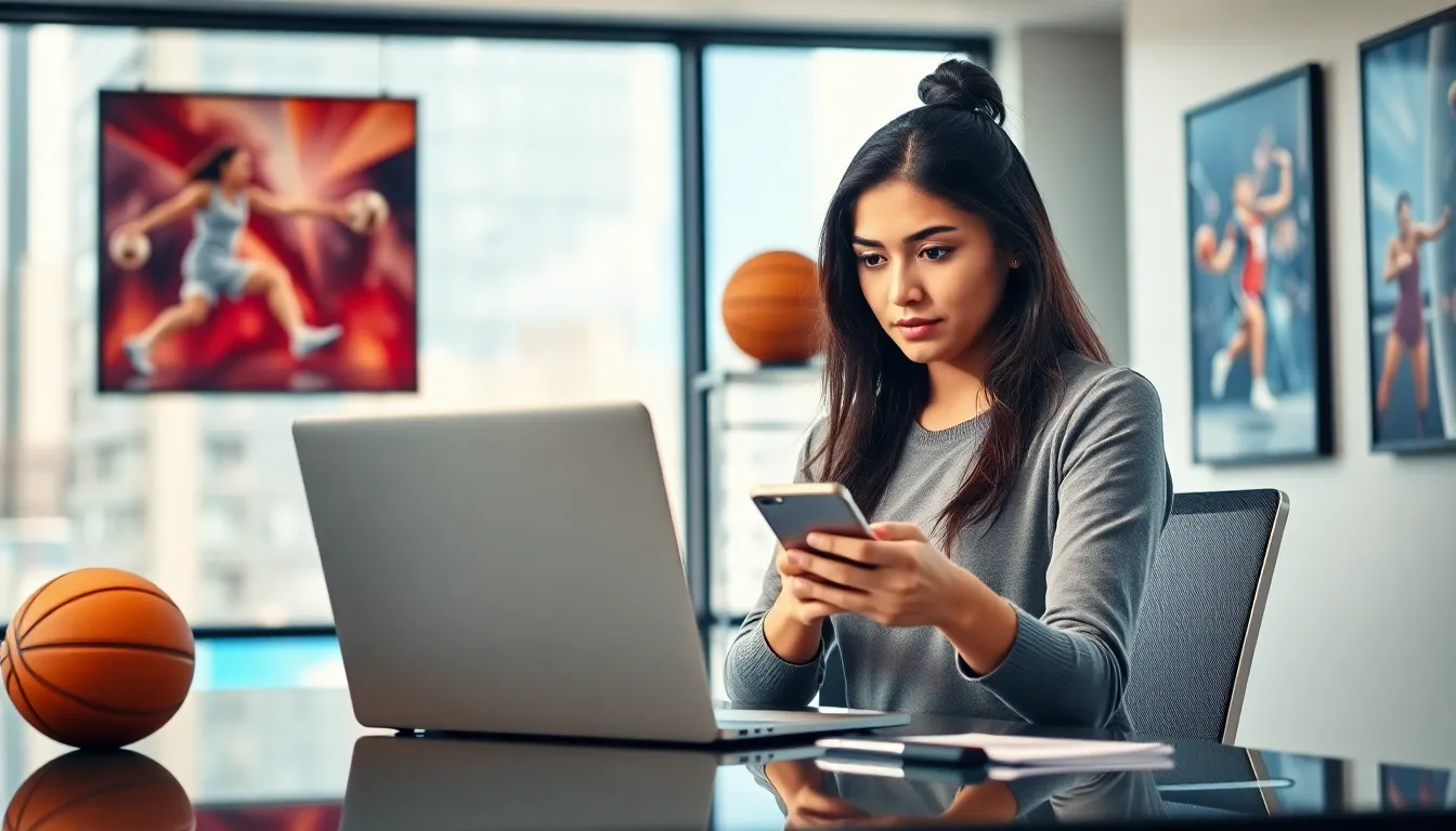 a young woman engaging with a contact us page in a modern office.