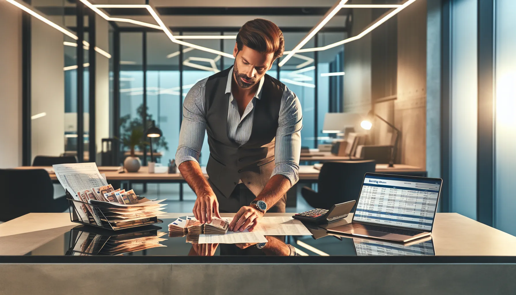Croatian business owner organizing cash receipts and banking documents in modern office