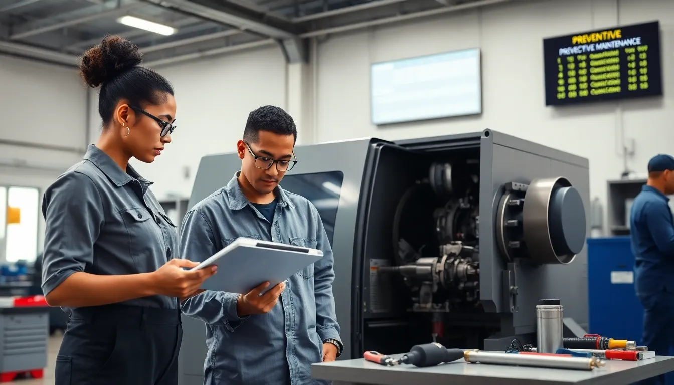 diverse team performing preventive maintenance in a modern workshop.