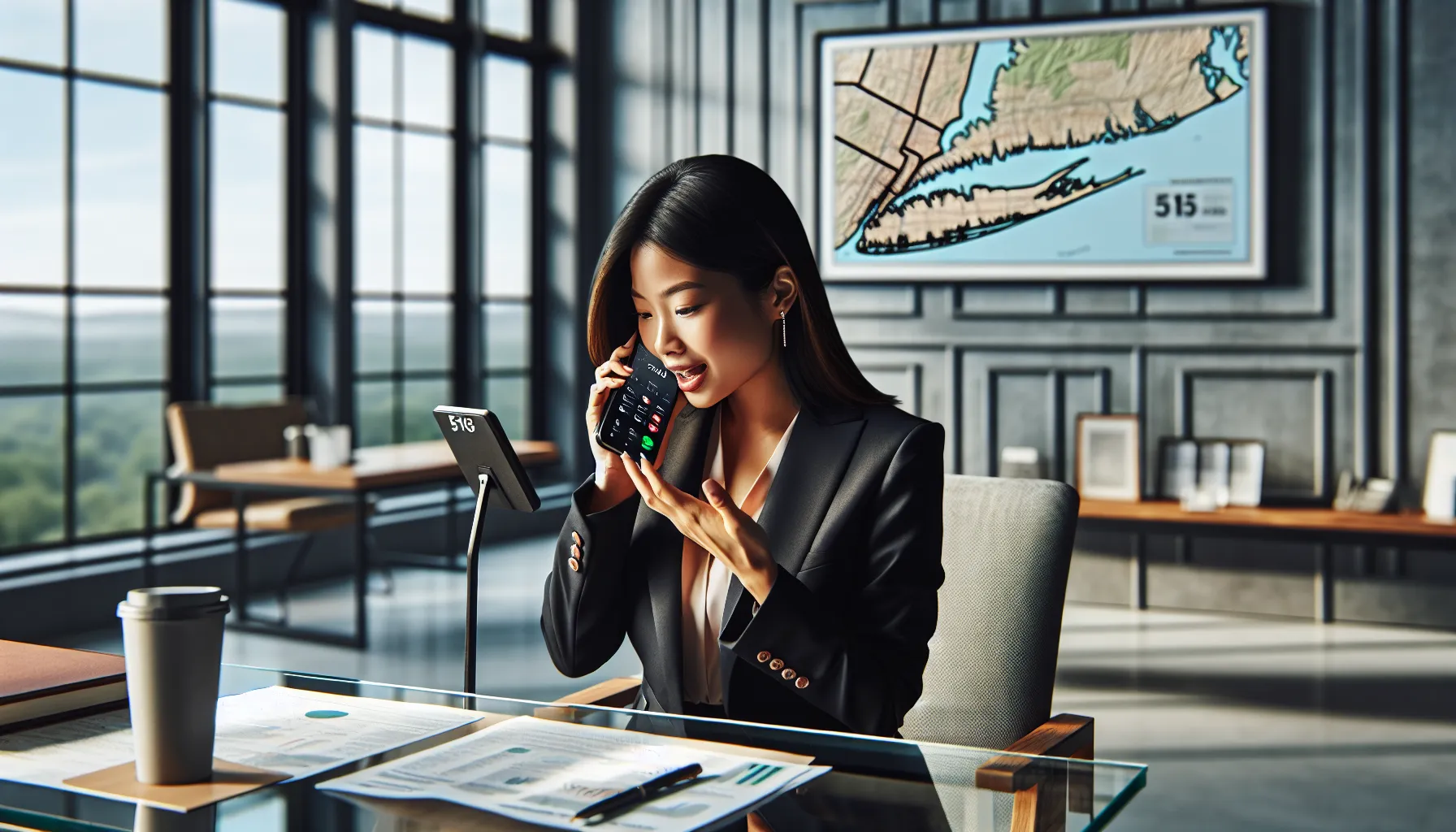 businesswoman discussing area codes on her smartphone in an office.
