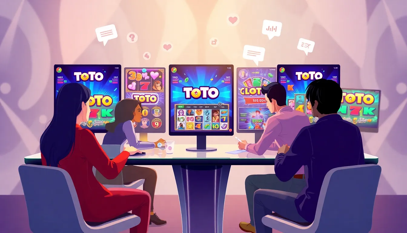 diverse players engaging with Toto slots in a modern digital workspace.