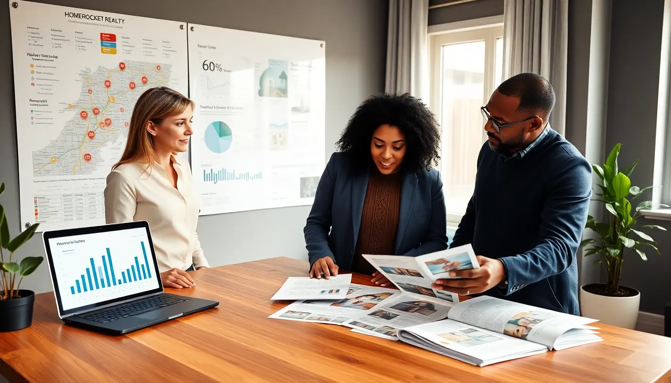 a real estate agent consulting a couple in a modern home office.