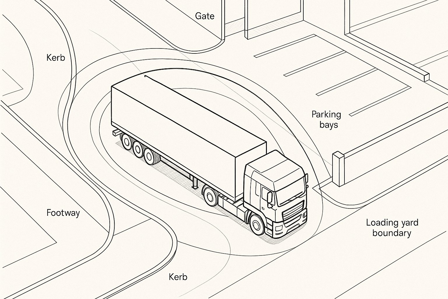 articulated lorry turning through a constrained site with swept path lines